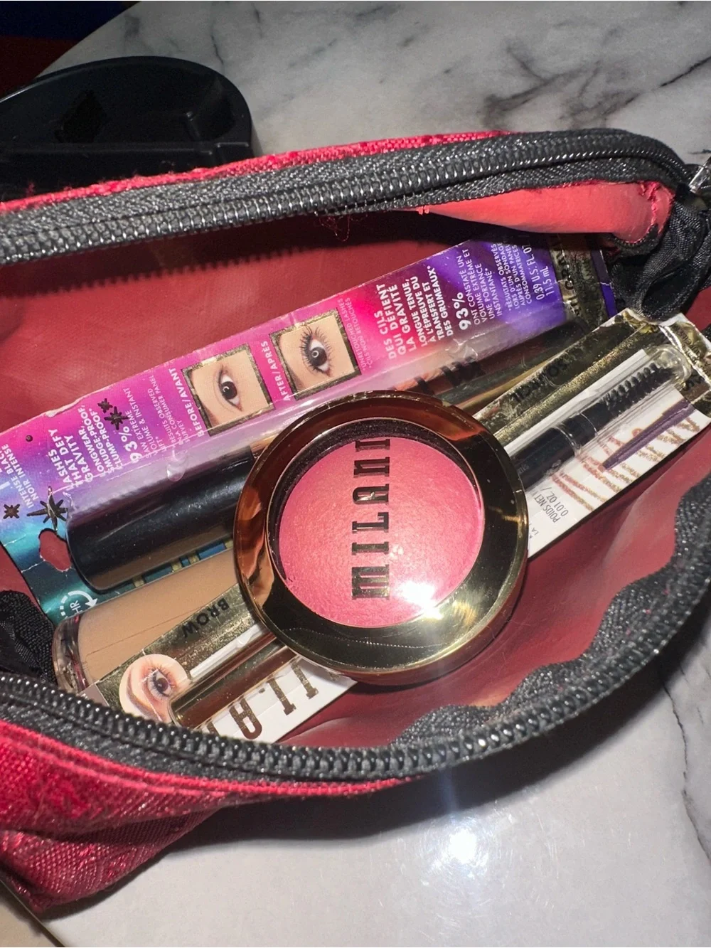 Milani Makeup Bundle with Red Cosmetic Bag and Pink Blush